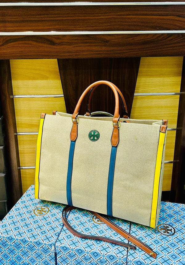 Torry Burch Canvas Tote Bag - Yellow/Blue Stripes