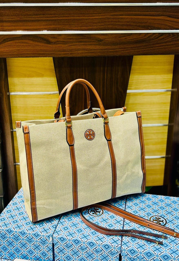 Torry Burch Canvas Tote Bag - Brown Stripes