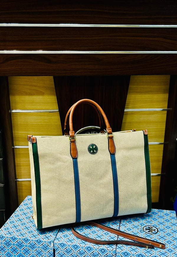 Torry Burch Canvas Tote Bag - Blue/Green Stripes